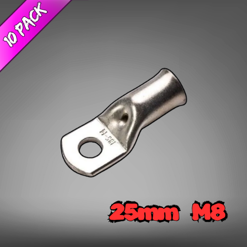 Copper Tube Lug For 25mm² Cable M8 Stud - 10 Pack