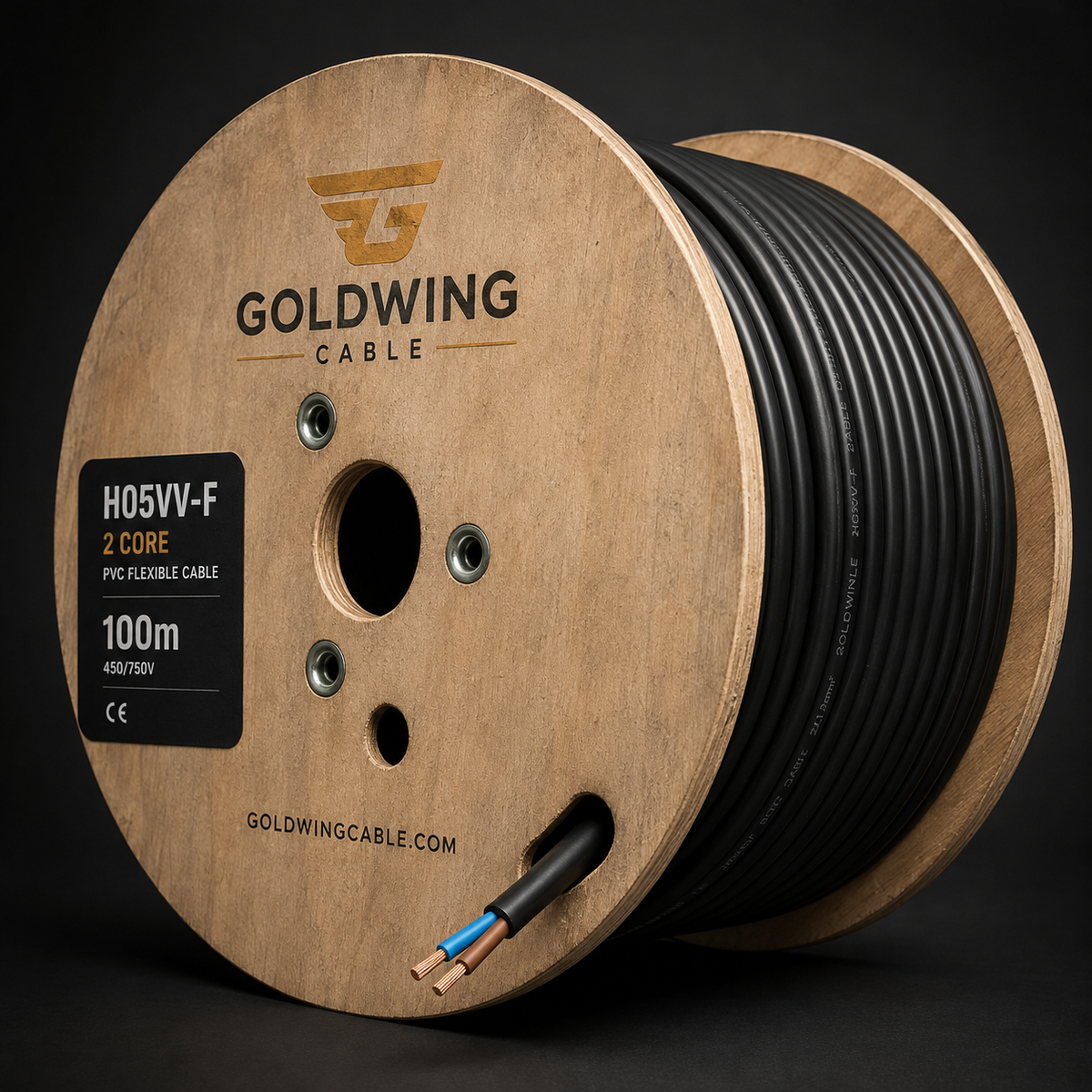 Goldwing black H05VV-F 2 core 100m cable reel full-frame product image