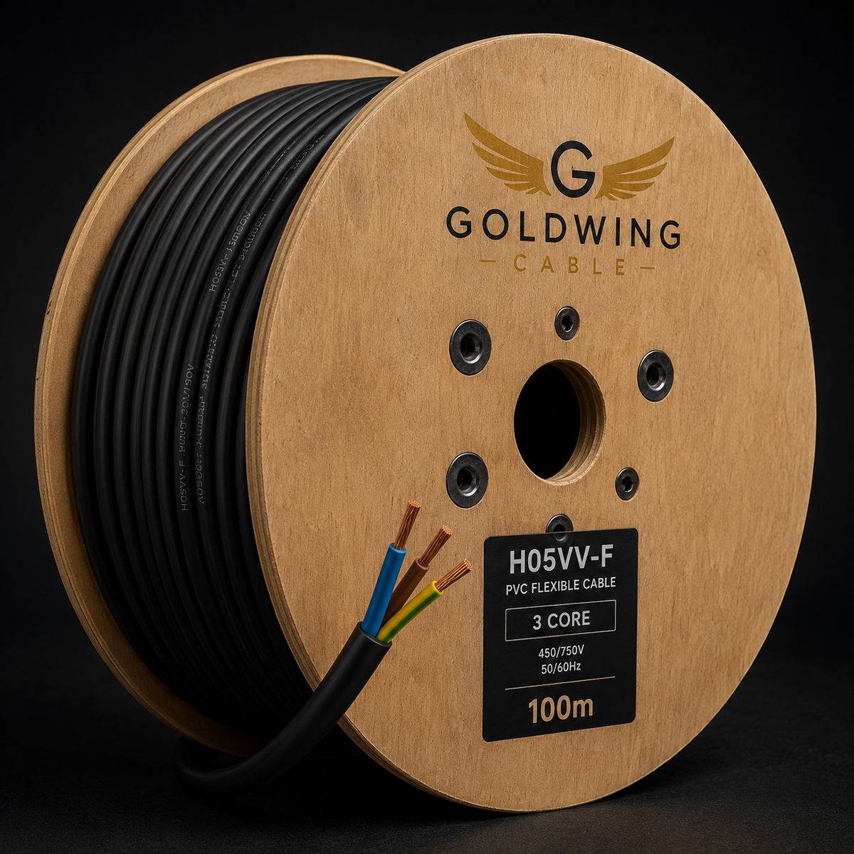 Goldwing black H05VV-F 3 core 100m cable reel full-frame product image